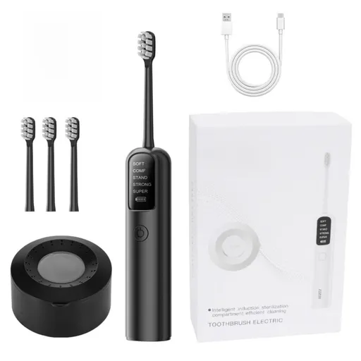 Black Rechargeable Dual-Action Vibration & 45° Scientific Sweep Cleaning Electric Toothbrush with 5 Brushing Modes, 4 Brush Head and Storage Base - Smart 2 Min Timer and 30s Quad Reminder, High-Density Rounded Bristles and 3D Precision Brush Head Des