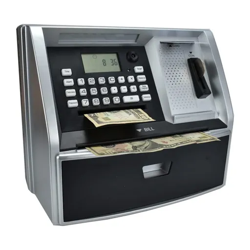 ATM Savings Bank with Debit Card, Electronic Piggy Bank for Real Money, Targets Setting, Password Login (Black/Silver)