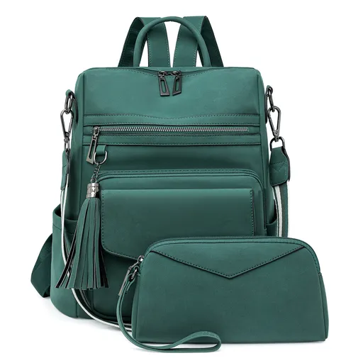 Retro PU Leather Backpack Dual-Color Tassel Design 12.6x5.5x13 Inches Green