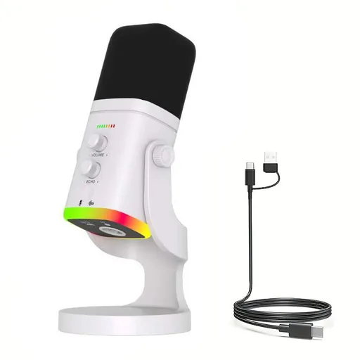 YU8 Dynamic Microphone, XLR/Type-C Dual Mode, Built-in HiFi Sound Card, 48kHz HD Sampling, RGB Lighting, Reverb Monitoring, for Streaming, Karaoke & Gaming.(white)