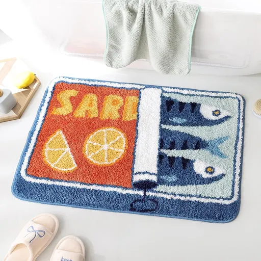 Sardine Can Bath Mat, Blue Bathroom Rugs for Bedroom, Soft Washable Rug Non Slip Cute Kitchen Bath Mats for Bathroom Funny Cartoon Fish and Lemon