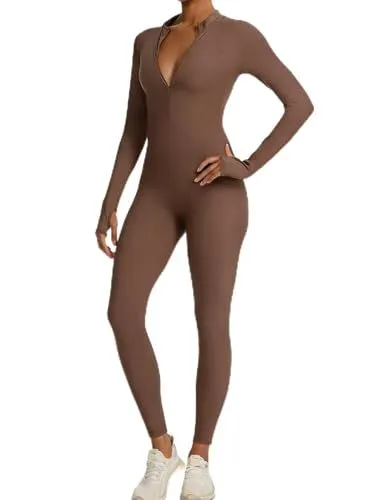 Long-Sleeve Zip-Up Bodycon Jumpsuit for Yoga, Workouts, and Casual Everyday Wear, S (Brown)