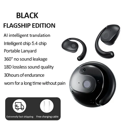True Wireless Earbuds AI Smart Translation Open-Ear Bluetooth 5.4 Black