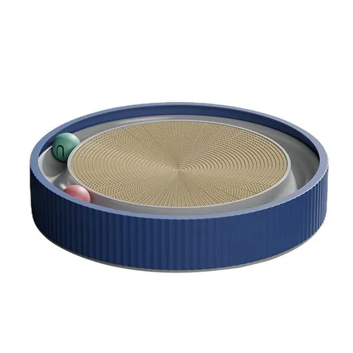 Cat Scratcher Lounge Bed Toy 40cm Round Foldable Cardboard Pad with Ball Track - Blue