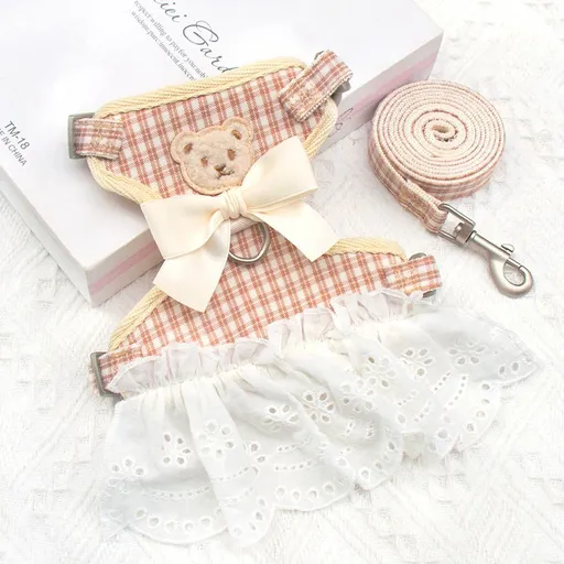 Cat Harness Polyester Bow Anti Escape Pet Leash Apricot small grid M (Suggested 3.50 kg-6.00 kg