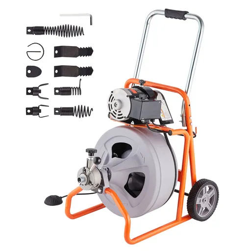 Drain Cleaner Machine 100FT x 1/2 Inch, Auto Feed Sewer Snake Drain Auger on Wheels, Portable Drain Cleaning Machine with 8 Cutters & Air-activated Foot Switch for 2" to 4" Pipes