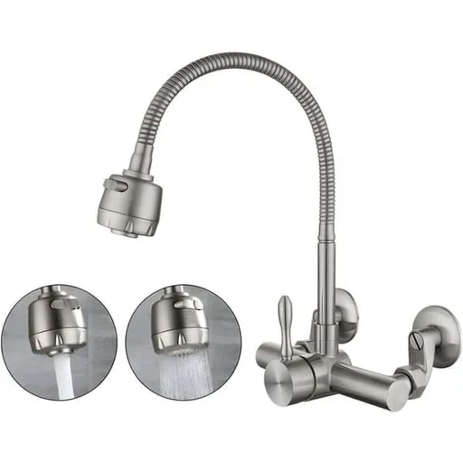 Wall Mounted Kitchen Tap, Food-Grade 304 Stainless Steel Flexible Gooseneck Faucet with 2 Spray Modes, 360° Swivel Kitchen Sink Tap, Mount Hole Distance 12-18cm for Laundry & Kitchen Sink