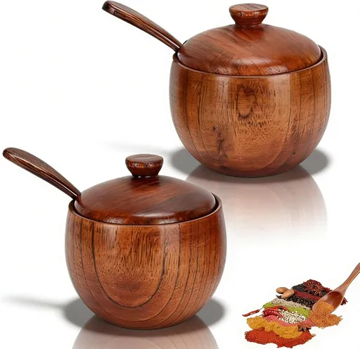 2 Pack Sugar Bowl with Lid and Spoon, Coffee Container Set Wooden Condiment Pot Decorative Storage Seasoning for Bar Table, Kitchen, Countertop