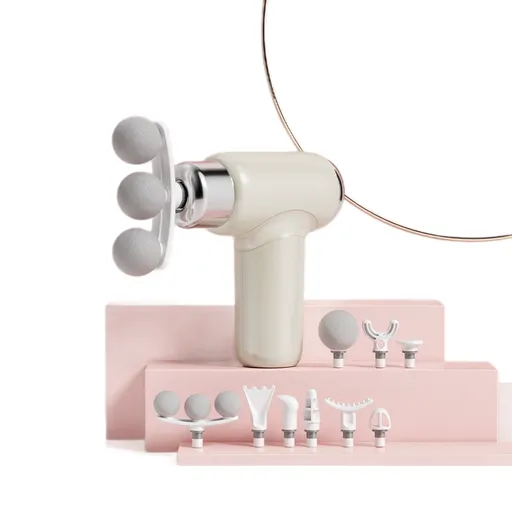 Beige Mini Massage Gun with 9 Heads - 6 Speed Percussion Massager, Portable Muscle Relaxation Device, USB Rechargeable Handheld Deep Tissue Vibrator for Gym Travel Office