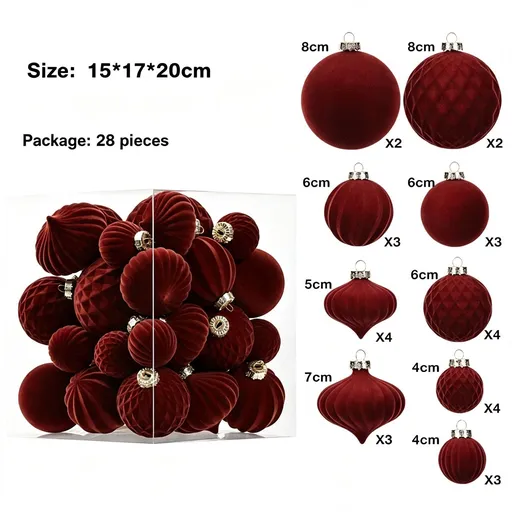 Soft Flocked Unique Shape Christmas Bauble Pack, Sophisticated Ins Style Xmas Tree Decor, Dark Brown 28 Pack Gift Box