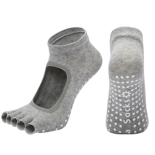 Light Grey 3-Pack Women's Non-Slip Five-Finger Yoga Socks - Open Back Combed Cotton Pilates & Fitness Grip Socks for Professional Exercise