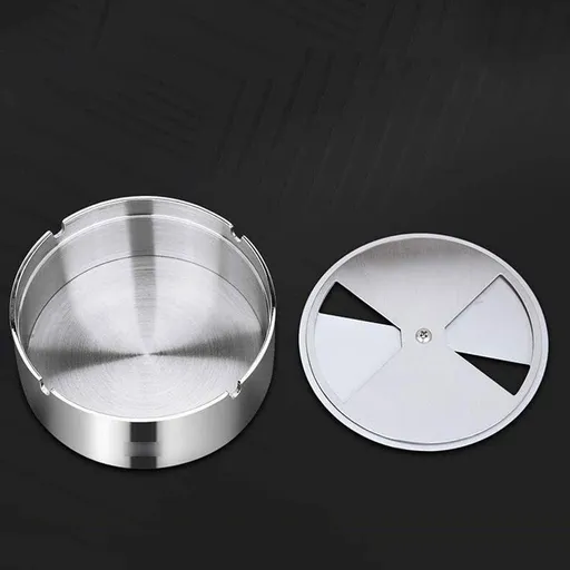 Round Push Down Ashtray with Spinning Tray Metal Cigarette Ash Tray Large 4 Inches Home Ashtray for Outside Patio - Silver