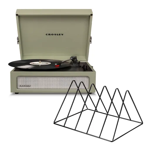 Turntable Bluetooth Portable Three-Speed Sage with Vinyl Rack Bundle Black