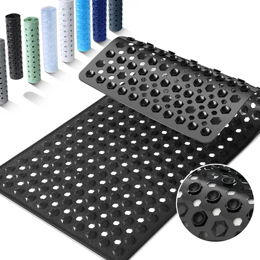 Non-Slip Bathtub Mat with Drain Holes and Strong Suction Cups, Machine-Washable Shower Mat for Inside Tubs, Black, 87.6 x 39 cm