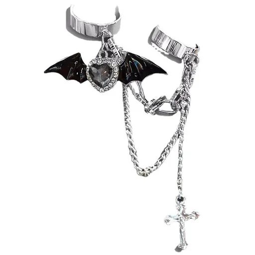 Punk Gothic Black Bat Wing Cross Chain Rings For Men Women alloy Hip Hop Rhinestones Heart Cross Irregular Double Finger Rings