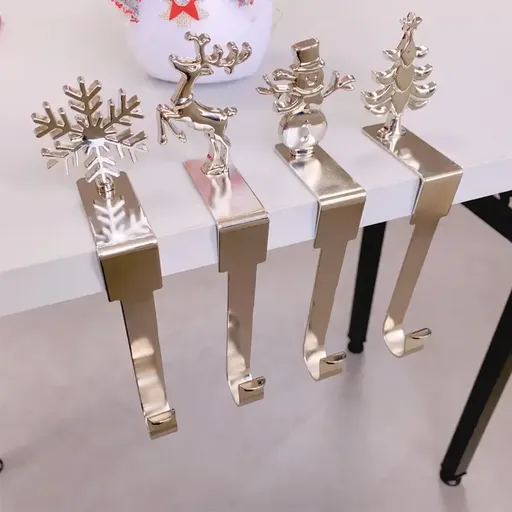 4-Pack No-Drill Metal Christmas Hooks – Gold tree and snowflake design, universal hanging bracket for fireplace mantels and door frames. (Silver)