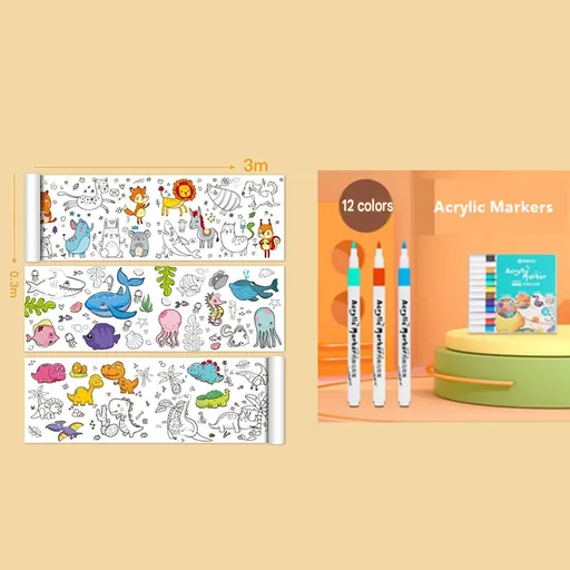 2 Piece- 3M Coloring Scroll Drawing Paper and 12-Color Marker Set, Giant Doodle Art Mural for Wall, Jumbo Coloring Poster Roll, Creative Art Activity