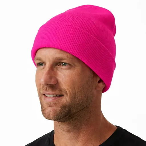 Unisex Fluro Beanie Hi Vis Knit Winter Hat Ski Cap One Size - Fluro Pink