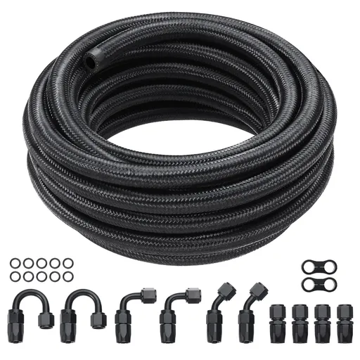 8AN Fuel Line Kit, 6.1 m Fuel Hose Kit, 1.0 cm Nylon Stainless Steel Braided Fuel Line Oil/Gas/Diesel Hose End Fitting Kit, with 12 PCS Swivel Fitting Adapter Kit, Black