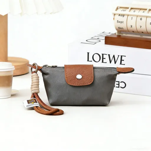 Grey Mini Nylon Coin Purse with Wrist Strap - Compact Zipper Key Holder Pouch for Cards Lipstick and Earphones