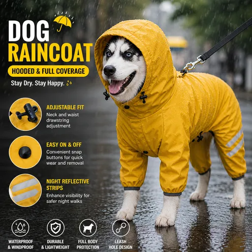 Yellow Waterproof Full Body Dog Raincoat with Adjustable Hood & Waist, Easy Snap Closure and Hidden Leash Opening - Lightweight Four-Leg Reflective Pet Rain Suit for Small Medium Large Dogs, M Size