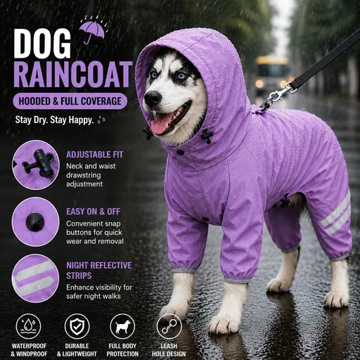 Purple Waterproof Full Body Dog Raincoat with Adjustable Hood & Waist, Easy Snap Closure and Hidden Leash Opening - Lightweight Four-Leg Reflective Pet Rain Suit for Small Medium Large Dogs, S Size