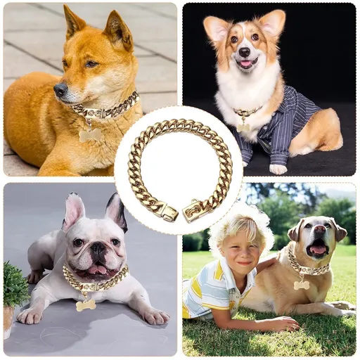Heavy-Duty Metal Cuban Link Dog Collar with Bone Charm – 14mm Stainless Steel Hip-Hop Chain Necklace for Everyday Walks, Outdoor Adventures, and Stylish Pet Accessories in Gold, Silver, Black, and Rose Gold (Gold, 14mm*75cm（30in）)