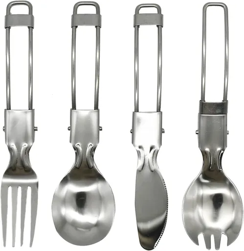 4Pcs Folding Camping Utensils Set Portable Stainless Steel Flatware include Dishwasher Safe Spoon Fork Knife for Picnic Travel Hiking Backpacking