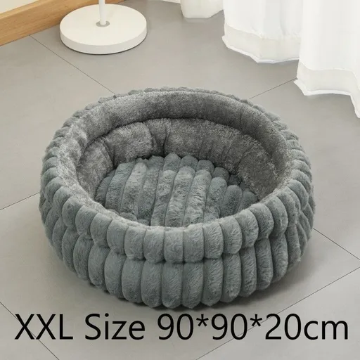 Large Removable Faux Rabbit Fur Round Pet Bed, Thick Cushion Moisture-Proof All Season Pet Rest Bed, Grey, Size 2XL, 35.43x35.43x7.87in