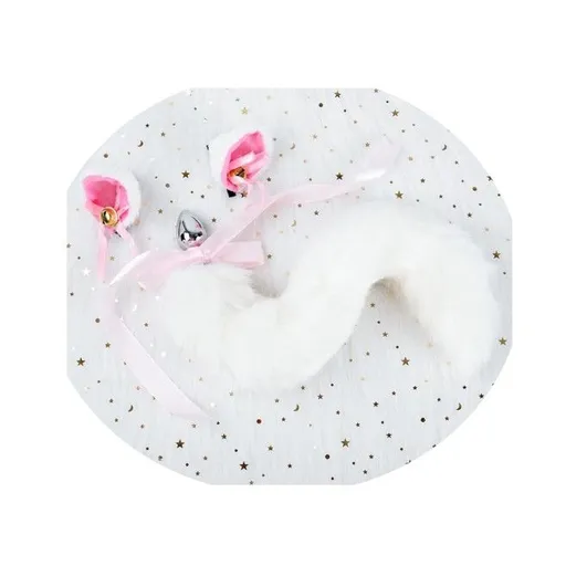 House Of Dasein Black White Cute Kitten Ears Faux Fox Tail Ana Butt Plug Cosplay Bdsm - White - M - Hairpin