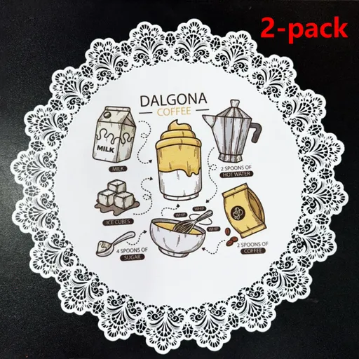 2-Pack Round PVC Lace Coffee-Printed Placemats, Waterproof, Oil-Resistant, Heat-Insulating, Non-Slip Table Mats—Coffee Design