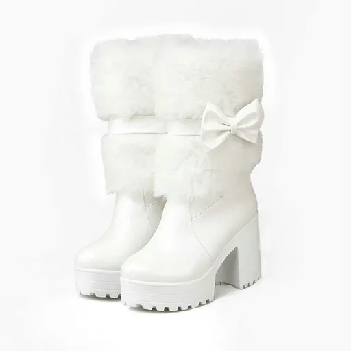 House Of Dasein Furry Pink Bow Boots - White - 10