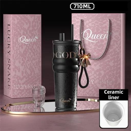 710ML Black Luxury Gradient Textured Aurora Starry Night Insulated Travel Mug (Bow Pendant Gift Box) – Ceramic Liner Car Coffee Tumbler with Pop-Up Straw Dual Lid, Sinking Tea Infuser Ball and Cup Sleeve