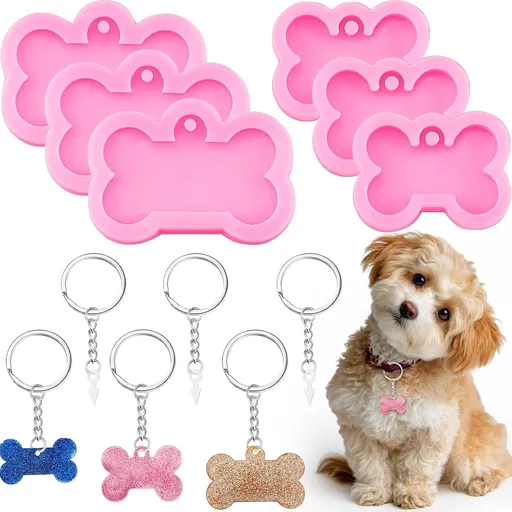 6 Pcs Silicone Dog Tags Mold 2.5'' 2'' Resin Keychain Molds Dog Bone Tag Keychain with 10 Pcs Key Ring Kit Pink Epoxy Clay Mold for DIY Pet Tag Pendant Homemade Crafts Resin Casting