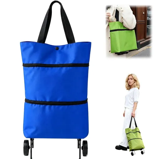 2-in-1 Foldable Shopping Trolley Bag, Waterproof Oxford Fabric & 33 lbs Heavy Duty Rolling Cart, Portable Grocery Tote for Supermarket Laundry Travel