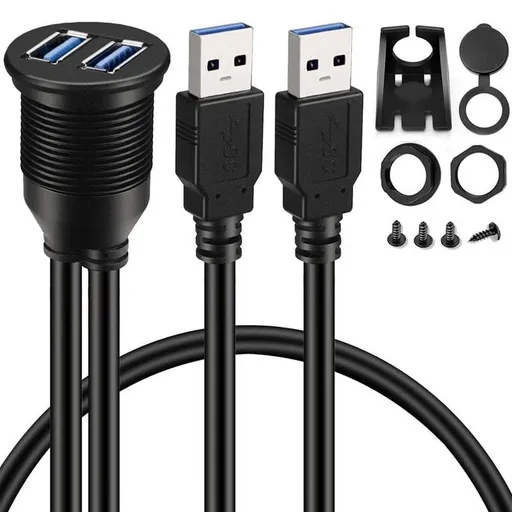 2 Ports Dual USB 3.0 AUX Flush Mount Car Mount Extension Cable for Car Truck Boat Dashboard Panel - 3ft