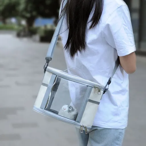 Large Small Animal Travel Bag (33*22.5*23cm) - Off-White small nylon and plastic portable pet bag with shoulder strap and handle, suitable for parrots, hamsters, guinea pigs and rabbits.