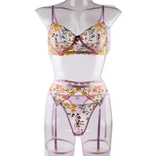 House Of Dasein Bright Cheery Fun Floral Lingerie Garter Belt Panties Bra Sets - Purple - L