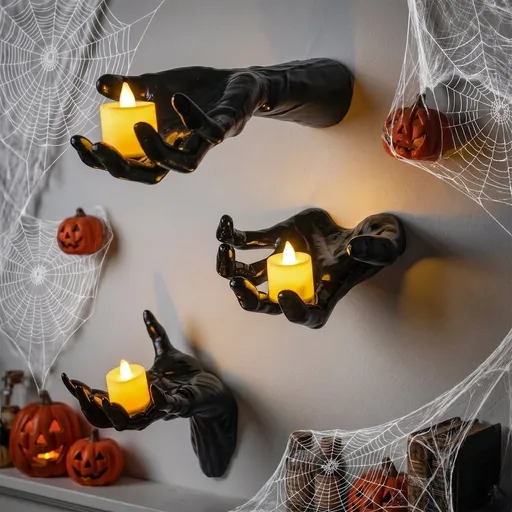 Halloween Decoration 3 pack Black Ghost Hands Decor with LED Candle, Life-sized Gothic Design, Screw and Adhesive install, 3 Flameless Candle