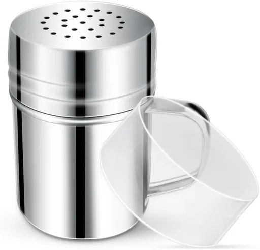 Stainless Steel Dredge Shaker Spice Shakers with Handle Powdered Sugar Pepper 6 Oz Metal Salt Holes and Lid Fine Powder for Cinnamon Cocoa Flour Baking Seasoning