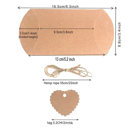 Kraft Paper Pillow Candy Box, Foldable Gift Box with Jute Rope for Weddings, Parties, Birthdays, Holidays, 60 Pcs