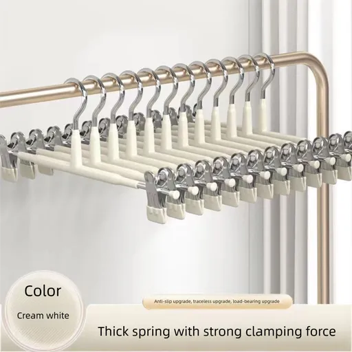 Creamy white Adjustable Pants Hangers 10 Pack - 31 cm Metal Clip Hangers with Non Slip Soft Grip Clips, Space Saving Wardrobe Organisers for Trousers, Skirts and Shorts