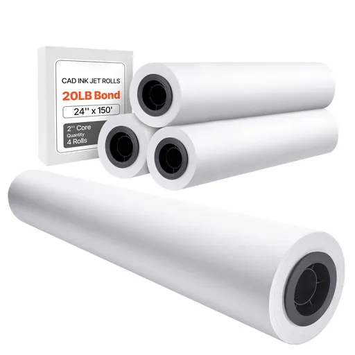 Wide Format Paper, 609.6 mm x 45.7 m Plotter Paper, 4 Rolls CAD Bond Rolls with 50.8 mm Core, 10 KG Plotter Paper Rolls, for CAD Drawings, Engineering Plans, GIS Maps & Architectural Designs