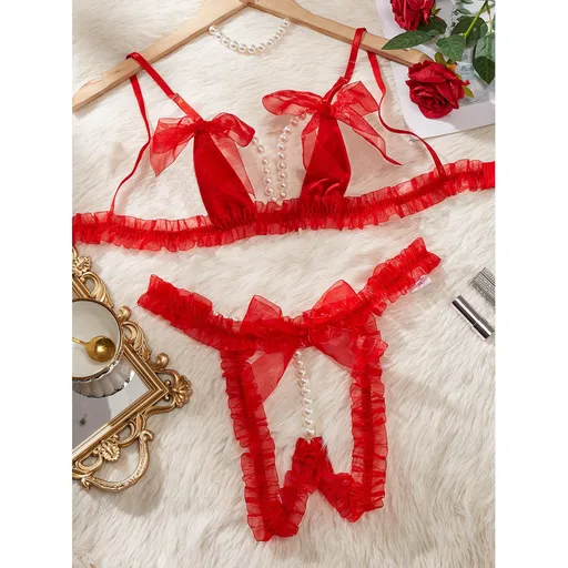 House Of Dasein Lace Patchwork Pearl Chain Lingerie Set - Red - S