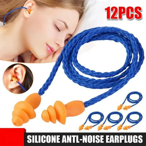 12X Reusable Corded Silicone Earplugs for Sleeping Working Travelling