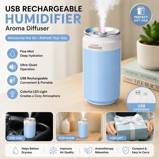 Mini USB Humidifier Aroma Diffuser Portable Can Shape Blue USB Rechargeable with LED Light