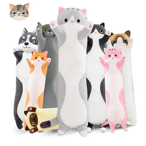 Long Cat Plush Pillow Cat Plush Toy PP Fabric Pillow Soft Cat Pillow Cat-Themed - Gray - Size 27.5in