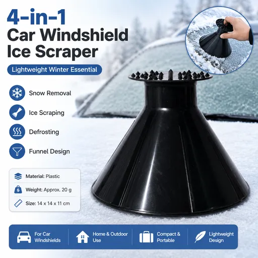 Black Multi-Function Car Windshield Ice Scraper - 4-in-1 Plastic Snow Removal Tool with Funnel Design, Lightweight Portable De-Icer for Winter Driving Safety