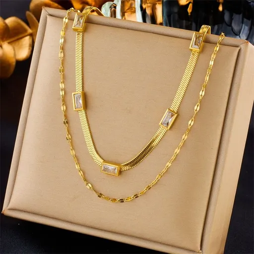 Zirconia Blade Chain Double-Layer Necklace, Gold-Plated Titanium Steel Women's Vintage-Style Luxury Necklace - Clear