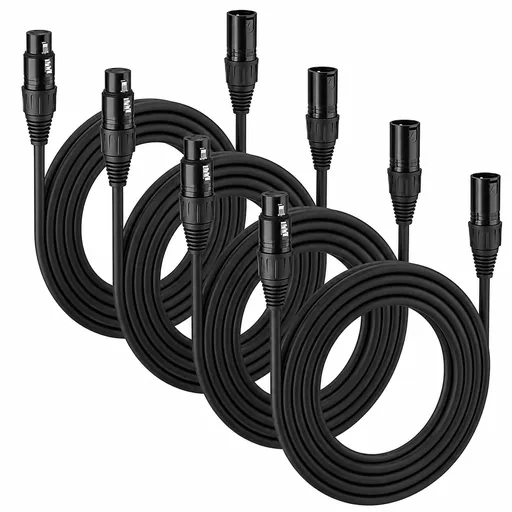 4 Pack 10ft 3 Pin DMX Cable, XLR Male to Female Signal Wire 110 Ohms for Stage Lighting & DJ Lights, Black